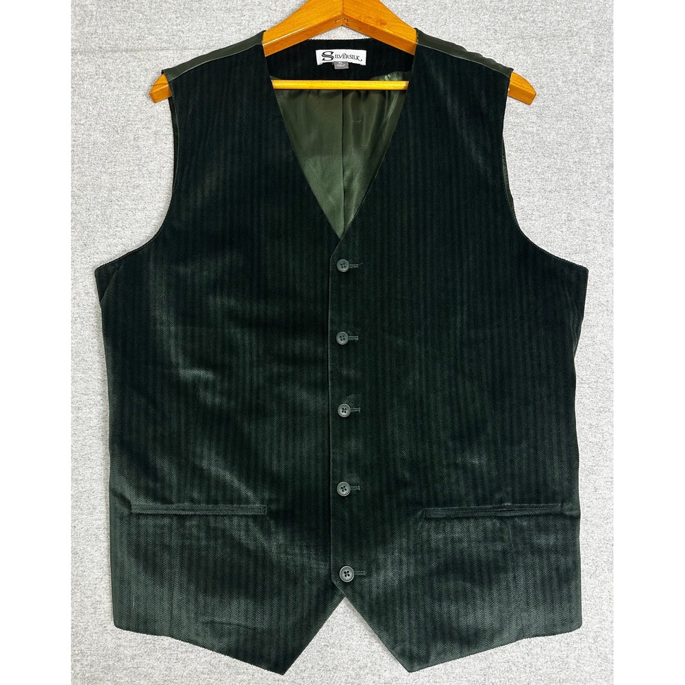 Silversilk Vest Men XL Emerald Green Herringbone Velvet Texture Button Front
